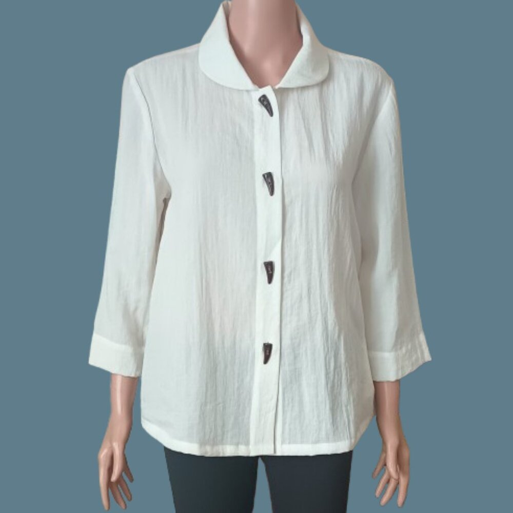 Fridaze Vtg White Linen Blouse S Button-Up Top 3/4 Sleeves Side Pockets